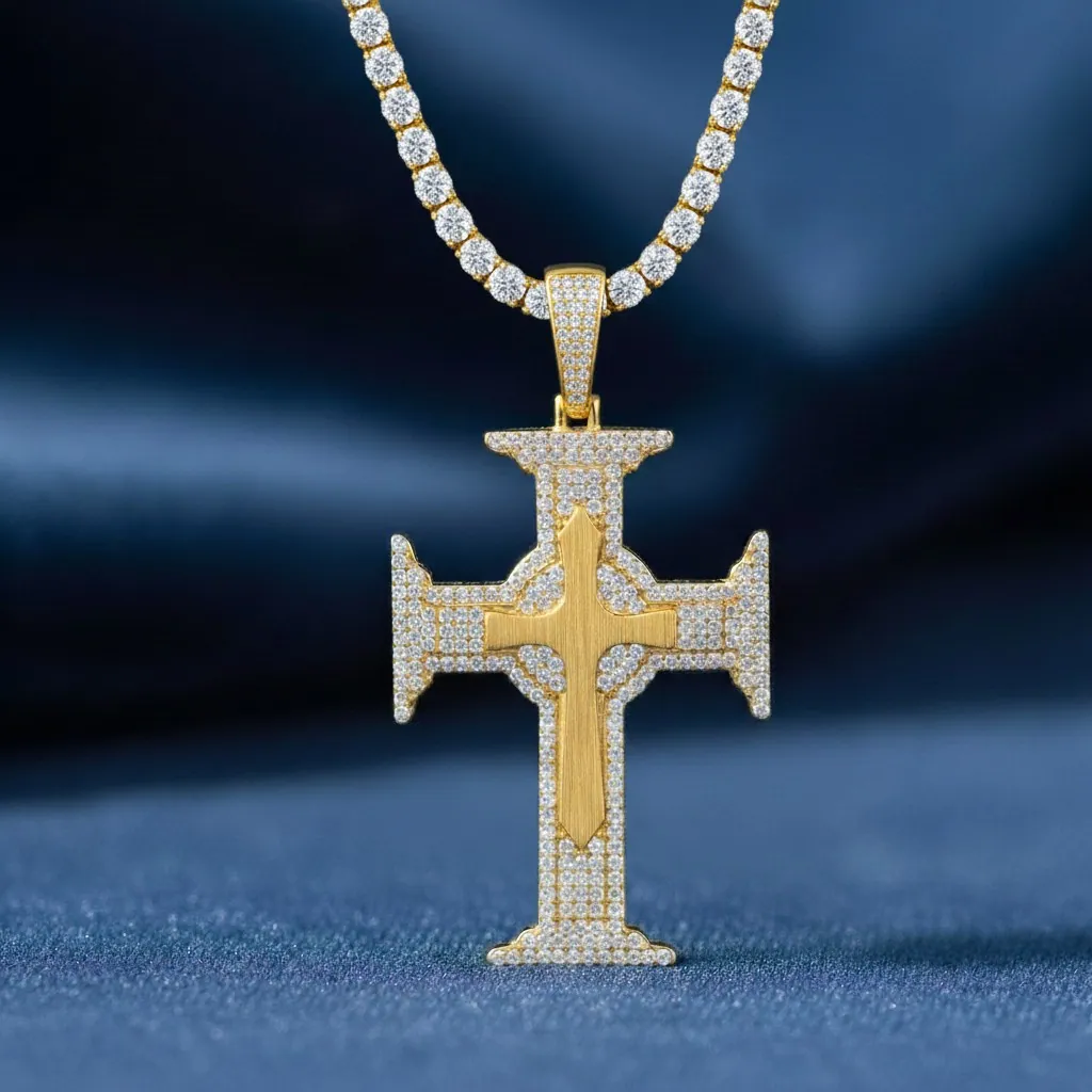 Moissanite Wire Drawn Cross with Full Diamond Pendant
